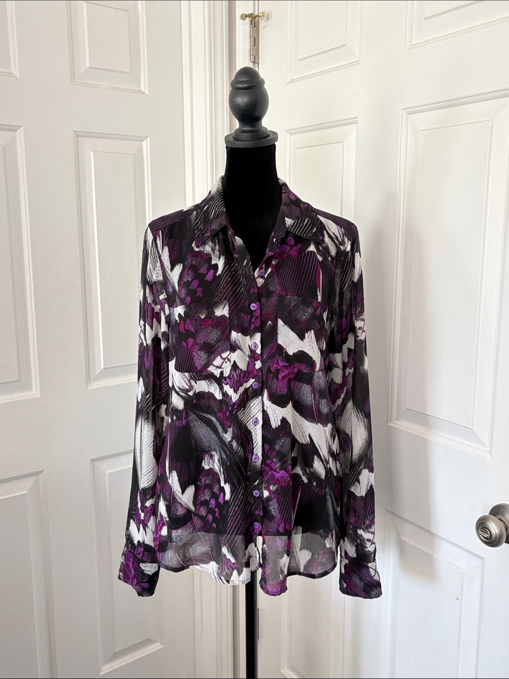 Guess sheer top featuring a purple and white abstract pattern.